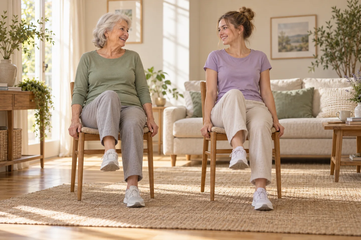 Une grand-mère et sa petite-fille partagent des mouvements doux sur des chaises.