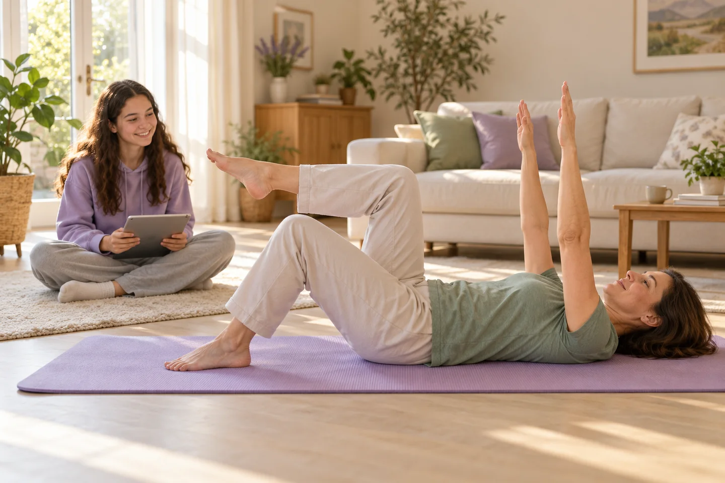 Une mère pratique un mouvement doux de renforcement abdominal sur un tapis, près de sa fille.