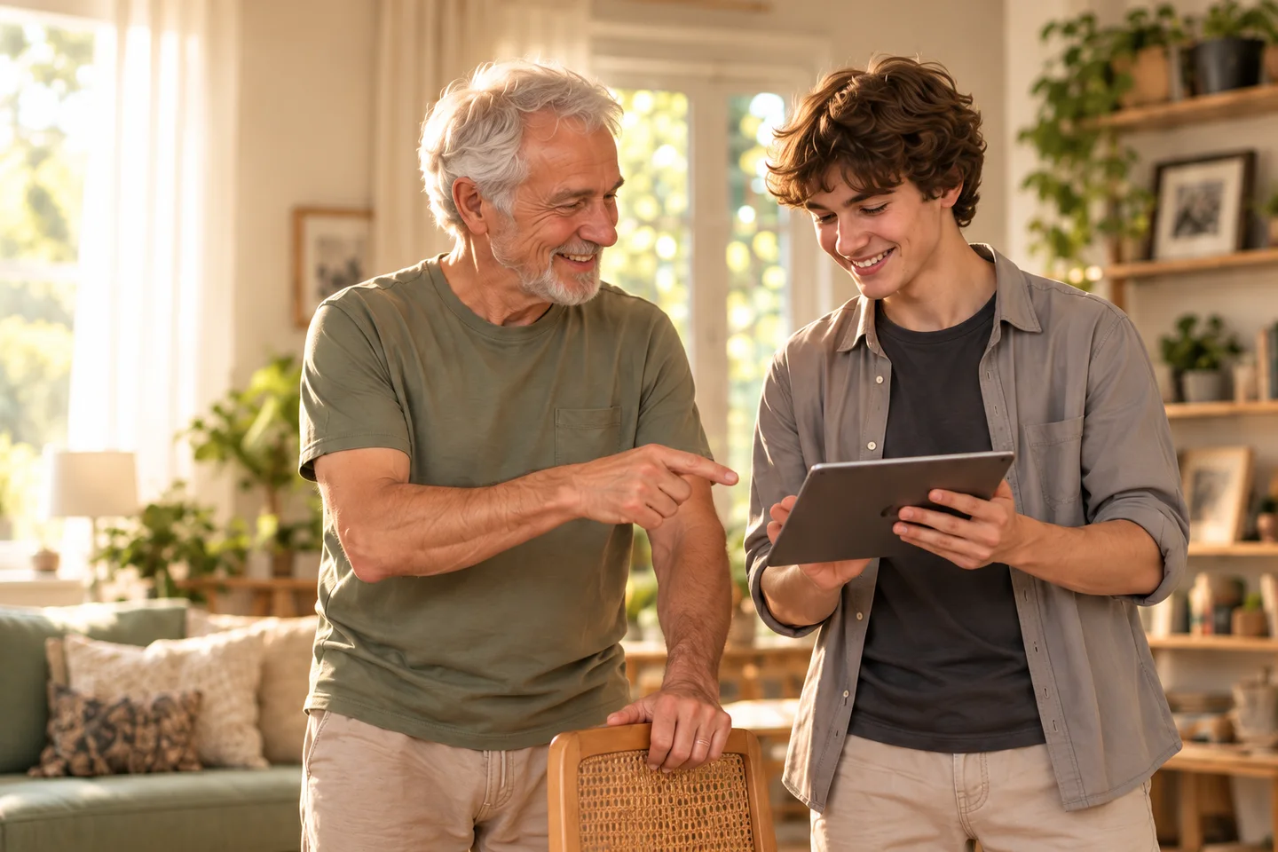 Un grand-père et son petit-fils adolescent découvrent ensemble un programme sur une tablette.