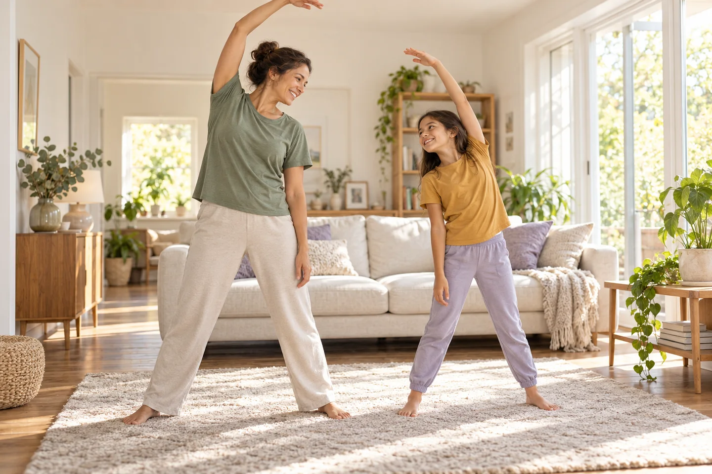 Une mère et son enfant font un mouvement de coordination dans leur salon.