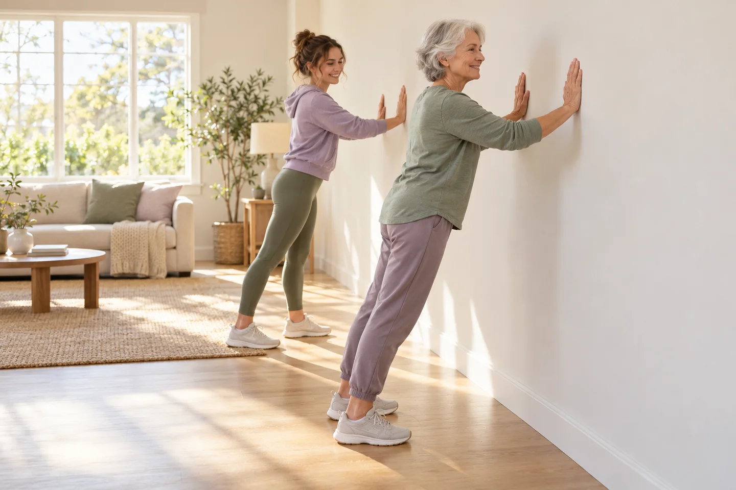 Une grand-mère et sa petite-fille font des mouvements au mur, côte à côte.